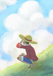 Rule 34 | 1boy, arm up, black hair, blue shorts, cloud, commentary, frilled shirt, frills, grass, hamster sally, hand on headwear, hat, highres, looking up, male focus, monkey d. luffy, one piece, profile, red shirt, sandals, sash, scar, scar on face, shirt, short hair, shorts, sky, solo, squatting, straw hat, yellow sash