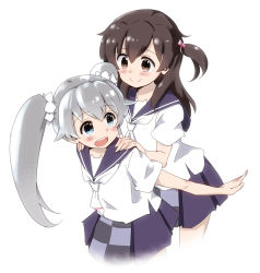 Rule 34 | 10s, 2girls, :d, blue eyes, blue skirt, brown eyes, brown hair, closed mouth, cropped legs, grey hair, hair between eyes, hair ornament, hair scrunchie, kominato ruuko, leaning forward, long hair, looking at another, multiple girls, neckerchief, one side up, open mouth, outstretched arm, pleated skirt, rocha (aloha ro cha), school uniform, scrunchie, selector wixoss, serafuku, shirt, short sleeves, simple background, skirt, smile, tama (wixoss), twintails, white background, white shirt, wixoss