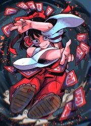 Rule 34 | 1girl, black hair, bow, closed mouth, detached sleeves, flying paper, full body, hair bow, hair tubes, hakurei reimu, highres, holding, holding paper, inuyama konan, light particles, long hair, looking at viewer, midair, motion blur, ofuda, pants, paper, ponytail, red bow, red pants, red ribbon, ribbon, ribbon-trimmed sleeves, ribbon trim, slippers, smile, solo, touhou, v-shaped eyebrows, white sleeves, wide sleeves