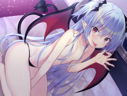 Rule 34 | 1girl, :p, bare arms, bare legs, bare shoulders, barefoot, bat hair ornament, bed, bed sheet, between legs, black panties, black wings, blue hair, blush, breasts, brown eyes, closed mouth, collarbone, convenient censoring, demon girl, demon tail, demon wings, fellatio gesture, fingernails, groin, hair between eyes, hair censor, hair ornament, hair over breasts, hand between legs, hand up, highres, indoors, kokusan moyashi, long hair, looking at viewer, navel, non-web source, ok sign, on bed, original, panties, pillow, pointy ears, seiza, sidelocks, sitting, small breasts, smile, soles, solo, spread wings, stomach, string panties, tail, tongue, tongue out, topless, two side up, underwear, very long hair, wings