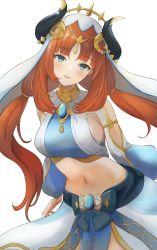 Rule 34 | :d, blush, breasts, brooch, clothing cutout, crop top, forehead jewel, genshin impact, highres, horns, jewelry, kunizaki, long hair, low twintails, medium breasts, navel, neck ring, nilou (genshin impact), open mouth, parted bangs, red hair, sidelocks, simple background, smile, stomach, twintails, veil, vision (genshin impact), white background