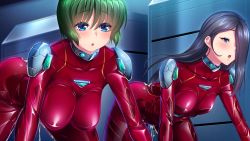 Rule 34 | 2girls, aftersex, all fours, blue eyes, blush, bodysuit, breasts, cum, cum in pussy, cumdrip, embarrassed, female focus, game cg, green hair, hair over one eye, hanging breasts, huracan, indoors, kyonyuu onna shikan sennou saimin, large breasts, legs, legs apart, long hair, looking at viewer, lune (company), multicolored eyes, multiple girls, original, parted lips, purple hair, red bodysuit, shiny clothes, short hair, small breasts, thighs