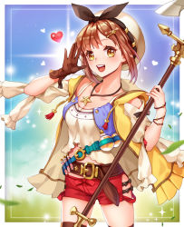 Rule 34 | 1girl, :d, arms up, atelier (series), atelier ryza, atelier ryza 1, bandolier, belt, belt buckle, blue sky, blurry, bracelet, breasts, brown gloves, brown hair, brown thighhighs, buckle, cloak, commentary request, contrapposto, cowboy shot, crop top, day, depth of field, detached sleeves, gloves, hair ornament, hairclip, hat, hat ribbon, heart, highres, hip vent, holding, holding staff, hood, hood down, jewelry, kostop, leaf, necklace, open cloak, open clothes, open hand, open mouth, outdoors, red shorts, reisalin stout, ribbon, shirt, short hair, short shorts, shorts, sky, small breasts, smile, solo, staff, star (symbol), star necklace, sun, teeth, test tube, thighhighs, upper teeth only, white hat, white shirt, yellow cloak, yellow eyes