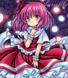 Rule 34 | 1girl, back bow, blush, bow, cowboy shot, dress, frilled bow, frilled cuffs, frilled dress, frills, hair between eyes, hair ribbon, hand on own neck, hand up, looking at viewer, marker (medium), medium hair, pink hair, red dress, red eyes, red ribbon, ribbon, rui (sugar3), sample watermark, sara (touhou), shikishi, short sleeves, side ponytail, solo, space, standing, star (sky), star (symbol), starry background, touhou, touhou (pc-98), traditional media, watermark, white bow, white sleeves, wrist cuffs