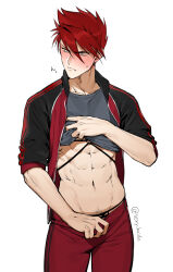 Rule 34 | 1boy, abs, black jacket, blush, closed mouth, clothes lift, grey shirt, jacket, male focus, male underwear, male underwear peek, multicolored clothes, multicolored jacket, muscular, muscular male, navel, ookanehira (touken ranbu), open clothes, open jacket, pants, red hair, red jacket, red pants, sexy kaido, shirt, shirt lift, short hair, simple background, solo, touken ranbu, twitter username, two-tone jacket, underwear, white background