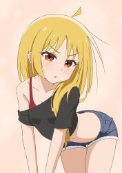 Rule 34 | 1girl, ahoge, arched back, black shirt, blonde hair, blue shorts, blush, bocchi the rock!, bra, breasts, collarbone, commentary, cowboy shot, denim, denim shorts, detached ahoge, fur-trimmed shorts, fur trim, highres, ijichi seika, leaning forward, long hair, midriff, navel, off shoulder, red bra, red eyes, shirt, shorts, small breasts, solo, thundradrawings, underwear, v-shaped eyebrows
