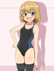 Rule 34 | 10s, 1girl, blonde hair, blue eyes, competition swimsuit, fang, girls und panzer, highres, kagemusha, katyusha (girls und panzer), one-piece swimsuit, short hair, solo, standing, swimsuit, thighhighs