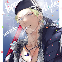 Rule 34 | 1boy, artist name, billy kane, blonde hair, blue eyes, cigarette, dated, earrings, english text, fur-trimmed jacket, fur trim, happy birthday, heart, holding, holding polearm, holding weapon, jacket, jewelry, looking at viewer, male focus, mmts g, mouth hold, pectoral cleavage, pectorals, polearm, short hair, smoking, solo, teeth, the king of fighters, the king of fighters for girls, weapon