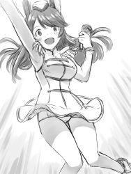 Rule 34 | 1girl, alternate costume, arm up, armpits, blush, brave witches, dutch angle, epaulettes, greyscale, hat, head wings, highres, jumping, karibuchi takami, liar lawyer, long hair, microphone, monochrome, sketch, smile, solo, swept bangs, thighs, wings, world witches series