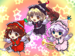 Rule 34 | 3girls, bad id, bad pixiv id, blonde hair, blush, brown hair, chibi, crescent, dress, fang, female focus, full body, happy, hat, instrument, keyboard (instrument), light purple hair, lunasa prismriver, lyrica prismriver, merlin prismriver, moon, multiple girls, open mouth, outstretched arms, piano, rainbow background, short hair, shuri yasuyuki, spread arms, star (symbol), starry background, touhou, trumpet, violin, wings
