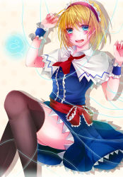 1girl alice_margatroid bad_id bad_pixiv_id black_thighhighs blonde_hair blue_eyes breasts capelet dress female_focus hairband highres open_mouth rukito sash short_hair solo string tears thighhighs touhou