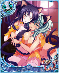 Rule 34 | 00s, 10s, 2girls, animal ears, artist request, black hair, breasts, card (medium), cat ears, cat tail, character name, chess piece, crossover, gloves, green eyes, green hair, halloween, high school dxd, high school dxd new, ikkitousen, ikkitousen great guardians, kuroka (high school dxd), large breasts, midriff, multiple girls, multiple tails, official art, one eye closed, orange gloves, ryofu housen, tail, thighhighs, torn clothes, trading card, twintails, wristband, yellow eyes