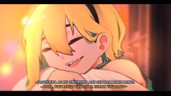 Rule 34 | 1girl, amano pikamee, black hairband, blonde hair, closed eyes, colored inner hair, commentary, crossed arms, dusk, english commentary, english text, from side, green hair, hair between eyes, hairband, highres, irukun00, multicolored hair, off-shoulder shirt, off shoulder, orange sky, outdoors, portrait, red sky, sharp teeth, shirt, short hair, skirt, sky, subtitled, teeth, two-tone hair, upper teeth only, variant set, virtual youtuber, voms, white shirt, white skirt