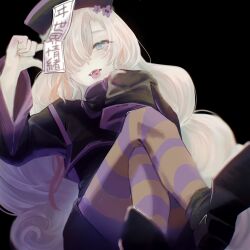 Rule 34 | 1girl, absurdres, alternate costume, black background, black footwear, blue eyes, chinese clothes, crossed legs, fangs, grey hair, hair over one eye, hand up, hat, highres, isekai joucho, jiangshi costume, kamitsubaki studio, long hair, looking at viewer, mugge pizzicato, multicolored hair, ofuda, open mouth, pantyhose, red hair, simple background, sitting, sleeves past fingers, sleeves past wrists, solo, striped clothes, striped pantyhose, tongue, tongue out, two-tone hair, very long hair, virtual youtuber