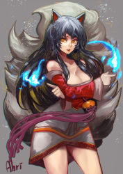 Rule 34 | 1girl, ahri (league of legends), animal ears, bare shoulders, black hair, blue fire, breast hold, breasts, canking, character name, cleavage, collarbone, detached sleeves, fire, fireball, fox ears, fox tail, large breasts, league of legends, lips, long hair, multiple tails, parted lips, simple background, solo, tail, yellow eyes