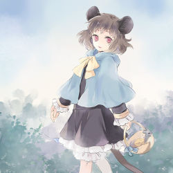 Rule 34 | 1girl, animal ears, basket, blue sky, bow, capelet, cheese, cloud, day, dress, food, grey dress, long sleeves, looking at viewer, mouse (animal), mouse ears, mouse tail, nazrin, red eyes, sky, solo, tail, tomobe kinuko, touhou, walking