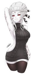 Rule 34 | 1girl, arm behind head, artist name, black sclera, black thighhighs, breasts, colored sclera, cropped legs, cslucaris, detached sleeves, facial mark, forehead mark, groin, highres, hip focus, meme attire, pale skin, red eyes, rwby, salem (rwby), sideboob, solo, thighhighs, virgin killer sweater, white background, white hair