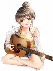 Rule 34 | 1girl, :d, bad id, bad pixiv id, bare legs, bare shoulders, barefoot, blush, breasts, brown hair, cleavage, collarbone, denim, denim shorts, dress shirt, frills, guitar, hair bun, highres, indian style, instrument, long hair, long sleeves, looking at viewer, medium breasts, midriff, music, musical note, off shoulder, open clothes, open mouth, open shirt, orange eyes, original, playing instrument, shirt, short shorts, shorts, sidelocks, simple background, single hair bun, sitting, sleeveless, sleeveless shirt, smile, solo, thighs, undershirt, weri, white background, white shirt, yellow shirt