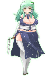 Rule 34 | 1girl, bare shoulders, breasts, clothing cutout, detached sleeves, fat, frog hair ornament, gohei, green hair, hair ornament, huge breasts, kochiya sanae, large breasts, lipstick, long hair, looking at viewer, makeup, necktie, shinobe, side cutout, skirt, smile, snake hair ornament, solo, thick thighs, thighhighs, thighs, touhou, white thighhighs, wide hips, yellow eyes