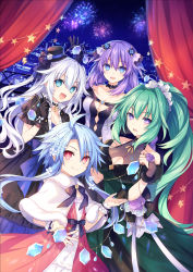 Rule 34 | 4girls, ahoge, aqua eyes, black heart (neptunia), blue eyes, blue hair, braid, breasts, choker, cleavage, closed mouth, dress, fireworks, flower, gloves, green hair, green heart (neptunia), hair between eyes, hair flower, hair intakes, hair ornament, hat, highres, jewelry, large breasts, light blue hair, long hair, looking at viewer, multiple girls, neptune (series), night, official art, open mouth, pendant, ponytail, power symbol, power symbol-shaped pupils, purple eyes, purple hair, purple heart (neptunia), red eyes, short hair with long locks, smile, symbol-shaped pupils, tsunako, twin braids, very long hair, white hair, white heart (neptunia)