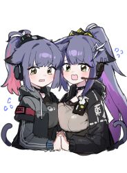 Rule 34 | 2girls, absurdres, animal ears, arknights, asymmetrical docking, black choker, black jacket, black shirt, blush, breast press, breasts, cat ears, cat girl, cat tail, choker, commentary, cropped torso, crying, crying with eyes open, ears down, embarrassed, flower, green eyes, grey jacket, grey shirt, hair flower, hair ornament, headset, high ponytail, highres, holding hands, jacket, jessica (arknights), jessica the liberated (arknights), large breasts, long hair, long sleeves, medium breasts, multicolored hair, multiple girls, open clothes, open jacket, open mouth, pink hair, purple hair, shirt, sidelocks, simple background, symbol-only commentary, tail, tearing up, tears, time paradox, two-tone hair, upper body, white background, yanggaengwang