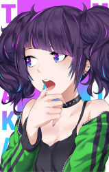 Rule 34 | absurdres, bare shoulders, black choker, black tank top, border, breasts, character name, choker, cleavage, collarbone, diagonal bangs, earrings, fingernails, gradient background, green jacket, highres, idolmaster, idolmaster shiny colors, jacket, jewelry, long fingernails, looking to the side, makarony, nail polish, off shoulder, open clothes, open jacket, open mouth, purple background, purple eyes, purple hair, short twintails, small breasts, solo, tanaka mamimi, tank top, teeth, twintails, white border
