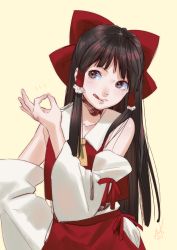Rule 34 | 1girl, :p, ascot, bow, brown eyes, brown hair, closed mouth, commentary request, detached sleeves, fingernails, hair bow, hair tubes, hakurei reimu, hand on own hip, hand up, highres, kamiyama aya, licking, long hair, money gesture, red bow, red skirt, sidelocks, simple background, skirt, solo, tongue, tongue out, touhou, upper body, vest, wide sleeves, yellow ascot, yellow background