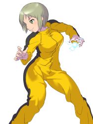 Rule 34 | 10s, 1girl, blonde hair, bruce lee&#039;s jumpsuit, electricity, fighting stance, glowing, green eyes, highres, huang baoling, jumpsuit, onsoku inu, short hair, simple background, solo, tiger &amp; bunny, white background
