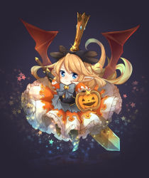 Rule 34 | 10s, 1girl, armor, armored boots, bat wings, black bow, blonde hair, blue eyes, blush, boots, bow, breastplate, buckler, charlotta (granblue fantasy), dress, fake wings, firuo (king fish), frilled dress, frills, gauntlets, granblue fantasy, halloween, harvin, harvin, highres, holding, holding sword, holding weapon, jack-o&#039;-lantern, long hair, orange dress, pointy ears, puffy short sleeves, puffy sleeves, shield, short sleeves, solo, star (symbol), sword, weapon, wings