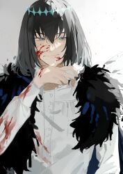 Rule 34 | 1boy, absurdres, blood, blood on clothes, blood on face, buttons, closed mouth, collared shirt, fate/grand order, fate (series), frilled shirt collar, frills, grey eyes, grey hair, hair between eyes, highres, long sleeves, male focus, oberon (fate), romo827, shirt, simple background, solo, upper body, white background, wings, wiping face