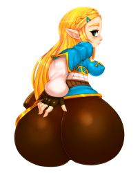 Rule 34 | 1girl, artist request, ass, blonde hair, blue eyes, blush, breasts, fingerless gloves, from behind, gloves, hair ornament, hairclip, huge ass, large breasts, long hair, looking at viewer, looking back, mato spectoru, nintendo, pants, princess zelda, shiny clothes, sideboob, solo, the legend of zelda, the legend of zelda: breath of the wild, very long hair