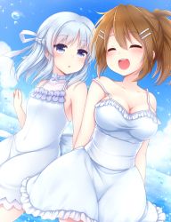 Rule 34 | 2girls, :d, akesaka serina, blue hair, blush, braid, breasts, brown hair, chunithm, cleavage, cloud, collarbone, commentary request, day, dress, dutch angle, closed eyes, hair ornament, hair ribbon, hairclip, kobotoke nagi, looking at another, medium breasts, multiple girls, open mouth, outdoors, parted lips, ponytail, purple eyes, ribbon, sanotsuki, sky, smile, sparkle, strap slip, water, water drop, white dress, white ribbon
