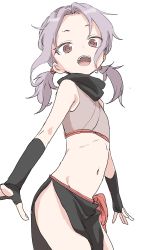 Rule 34 | 1girl, absurdres, bare shoulders, black gloves, black scarf, brown eyes, commentary request, fingerless gloves, forehead, gloves, groin, highres, kunoichi tsubaki no mune no uchi, long hair, looking at viewer, navel, ninja, official art, open mouth, parted bangs, purple hair, sazanka (kunoichi tsubaki no mune no uchi), scarf, simple background, sleeveless, solo, stomach, teeth, twintails, upper teeth only, white background, yamamoto souichirou