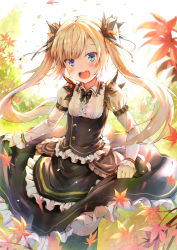 Rule 34 | 1girl, blonde hair, blue eyes, blush, himonoata, leaf, long hair, long sleeves, looking at viewer, maid, maple leaf, open mouth, original, skirt hold, solo, twintails