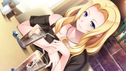 Rule 34 | 1girl, blonde hair, blue eyes, blush, breast rest, breasts, collarbone, cup, drink, dutch angle, female focus, game cg, hitozuma swimming club, ice, ice cube, ino (magloid), interheart, jewelry, kayashima aki, large breasts, long hair, looking at viewer, necklace, sitting, smile, solo, table, upper body