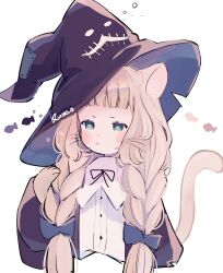 Rule 34 | 1girl, animal ears, animal hands, artist name, black hat, black ribbon, blonde hair, blue bow, blunt bangs, bow, braid, cat ears, cat girl, cat paws, cat tail, green eyes, hair bow, hand up, hat, highres, jikuno, long hair, long sleeves, original, ribbon, simple background, solo, tail, twin braids, upper body, white background, witch hat