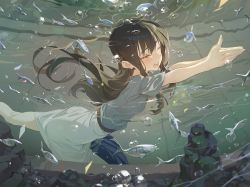 Rule 34 | 1girl, absurdres, air bubble, aquarium, black hair, blue skirt, blush, bubble, closed eyes, fish, fisheye, from side, grey shirt, grey skirt, highres, hxxg, inoue takina, leg lift, long hair, lycoris recoil, meme, open mouth, outstretched arms, own hands together, rock, sakana~ (meme), scene reference, shirt, short sleeves, sidelocks, skirt, solo, standing, standing on one leg, straight hair, teeth, two-tone skirt, upper teeth only