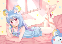 Rule 34 | 1girl, animal ear fluff, animal ears, bad id, bad pixiv id, bare arms, bare shoulders, barefoot, bear ears, bed sheet, blue camisole, blue flower, blue hair, blue shorts, blue sky, blush, blush stickers, braid, camisole, candy, cloud, cloudy sky, collarbone, commentary request, crescent, crescent necklace, curtains, day, feet, fingernails, flower, food, gradient hair, hair between eyes, hair flower, hair ornament, hand up, head tilt, heart, holding, holding candy, holding food, holding lollipop, jewelry, kubong, lollipop, long hair, looking at viewer, lying, multicolored hair, necklace, on stomach, original, pink flower, purple hair, red eyes, red ribbon, revision, ribbon, short shorts, shorts, side braids, sky, soles, solo, striped clothes, striped shorts, swirl lollipop, transparent, twin braids, vertical-striped clothes, vertical-striped shorts, window