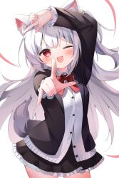 Rule 34 | 1girl, animal ear fluff, animal ears, bell, black coat, bow, bowtie, buttons, character request, coat, commentary request, commission, copyright request, fox ears, fox tail, frilled skirt, frills, fujii shino, grey hair, grey tail, hair bell, hair ornament, hand on own head, long hair, looking at viewer, one eye closed, open mouth, pointing, pointing at viewer, pointing to the side, red bow, red bowtie, red eyes, shirt, simple background, skeb commission, skirt, solo, tail, upper body, white background, white shirt