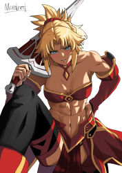 Rule 34 | 1girl, abs, absurdres, bare shoulders, blonde hair, blush, braid, breasts, fate/apocrypha, fate/grand order, fate (series), green eyes, hair ornament, hair scrunchie, highres, looking at viewer, mordred (fate), mordred (fate/apocrypha), muscular, muscular female, navel, over shoulder, ponytail, ponzu 0419, scrunchie, simple background, small breasts, smile, solo, sword, toned, weapon, weapon over shoulder