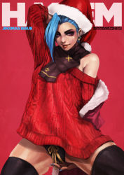 Rule 34 | 1girl, absurdres, aran sweater, black panties, black scarf, black thighhighs, blue hair, blue nails, cable knit, christmas, unworn cloak, cover, earrings, english text, eyeshadow, fake magazine cover, freckles, fringe trim, hat, highres, jewelry, jinx (league of legends), league of legends, lips, lipstick, long hair, magazine cover, makeup, mascara, monori rogue, nail polish, no pants, nose, off-shoulder sweater, off shoulder, panties, pink eyes, red background, red sweater, ribbon panties, santa hat, scarf, solo, sweater, thick thighs, thighhighs, thighs, underwear, very long hair