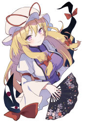 Rule 34 | 1girl, ahase hino, blonde hair, bow, breasts, dress, folding fan, from above, gap (touhou), hair between eyes, hand fan, hat, hat ribbon, highres, holding, holding fan, long hair, long sleeves, looking at viewer, mob cap, purple eyes, red bow, red ribbon, ribbon, simple background, smile, solo, tabard, touhou, white background, white dress, white hat, yakumo yukari
