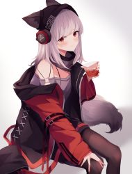 Rule 34 | 1girl, absurdres, animal ear fluff, animal ears, arknights, bag, beanie, black hair, black hat, black jacket, black shorts, blush, brown pantyhose, closed mouth, commentary, cup, drink, drinking glass, ears through headwear, frostleaf (arknights), gradient hair, grey hair, grey shirt, hand on own knee, hat, headphones, highres, holding, holding cup, ice, ice cube, implied extra ears, jacket, light smile, long hair, long sleeves, looking at viewer, material growth, mizu (lzzrwi603), multicolored hair, off-shoulder shirt, off shoulder, open clothes, open jacket, oripathy lesion (arknights), pantyhose, pantyhose under shorts, red eyes, shirt, short shorts, shorts, shoulder bag, sitting, sleeves past wrists, solo, tail