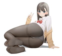Rule 34 | 1girl, arm support, ass, black pantyhose, blue eyes, blush, bow, bowtie, brown hair, cardigan, clenched teeth, collared shirt, commentary request, feet, foreshortening, full body, hand up, highres, legs, legs together, long hair, long sleeves, looking at viewer, lying, no pants, no shoes, off shoulder, on side, original, panties, panties under pantyhose, pantyhose, parted lips, red bow, red bowtie, school uniform, shadow, shirt, simple background, soles, solo, teeth, thighs, toes, underwear, v, white background, white panties, white shirt, yuu (yuu ammy)