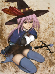 Rule 34 | 1girl, boots, breasts, capelet, fantasy earth zero, hat, highres, kneeling, large breasts, long hair, purple hair, solo, thigh boots, thighhighs, vbvacancy, witch hat, zettai ryouiki