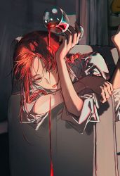 Rule 34 | 1girl, 2 blankk, braid, braided ponytail, chainsaw man, collared shirt, cup, curtains, drinking glass, formal, grenade pin, highres, looking at viewer, lying, makima (chainsaw man), necktie, on stomach, red hair, ringed eyes, shirt, sleeves rolled up, spilling, tongue, tongue out, wine glass, yellow eyes