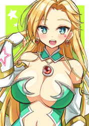 Rule 34 | 1girl, :d, absurdres, blonde hair, blue eyes, blush, breasts, calamity jane (fate), calamity jane (third ascension) (fate), cleavage, earrings, elbow gloves, facial tattoo, fate/grand order, fate (series), fingerless gloves, frozen yakan, gloves, green background, highres, jewelry, large breasts, long hair, looking at viewer, open mouth, simple background, smile, solo, star (symbol), star tattoo, tattoo, upper body, white gloves