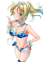 Rule 34 | 1girl, ayase eli, bikini, blonde hair, blue bikini, blue eyes, breasts, cleavage, collarbone, commentary request, cowboy shot, hair ornament, hair scrunchie, hand on own hip, jewelry, long hair, looking at viewer, love live!, love live! school idol festival, love live! school idol project, medium breasts, nail polish, navel, necklace, one eye closed, ponytail, scrunchie, sen (sansui), shiny clothes, simple background, solo, swimsuit, tiara, white background, white scrunchie, wrist scrunchie, yellow scrunchie