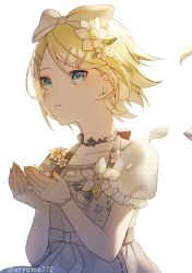 Rule 34 | 1girl, 25-ji rin, apron, aryuma772, backlighting, bare arms, black choker, blonde hair, blue eyes, bow, choker, collarbone, dress, dress flower, flower, frilled dress, frilled sleeves, frills, hair bow, hair flower, hair ornament, hairclip, highres, kagamine rin, lace, lace choker, looking at viewer, mitasarenai pale color (project sekai), own hands together, parted lips, petals, project sekai, short sleeves, solo, vocaloid, white background