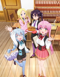 Rule 34 | 4girls, absurdres, ahoge, arm up, black ribbon, black shorts, blouse, blue eyes, blue hair, blue thighhighs, blush, bow, bowtie, braid, brown eyes, fa (rpg fudousan), fang, feet out of frame, food, high heels, highres, holding, holding food, indoors, kazairo kotone, key visual, looking at viewer, matching hair/eyes, mittens, multiple girls, neck ribbon, official art, open mouth, parted bangs, pie, pink mittens, pink skirt, pleated skirt, ponytail, promotional art, purple eyes, purple hair, rakira (rpg fudousan), red neckwear, ribbed legwear, ribbon, rpg fudousan, rufuria (rpg fudousan), shirt, shorts, sidelocks, skirt, smile, standing, thighhighs, twintails, waving, white shirt